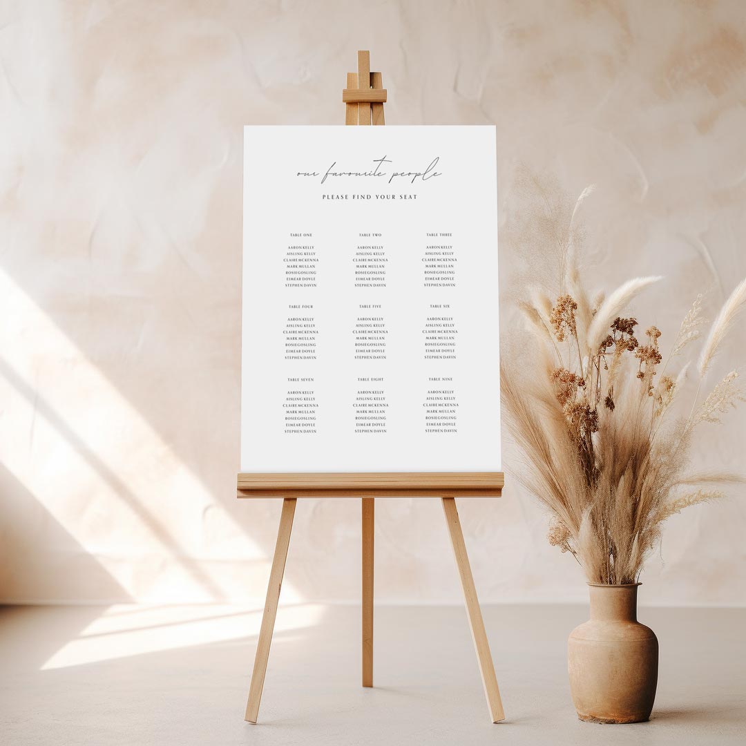 On the day printed wedding stationery table plans, welcome signs, ceremony booklets and trifolds, place cards, table numbers.